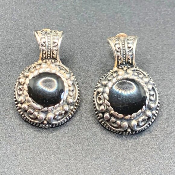 VTG Sterling Silver 925 Black Onyx Earrings Bead Scroll Door Knockers 1.25" Long